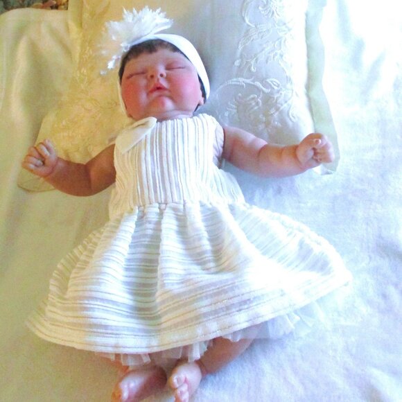Peaches By C. Brace Reborn Baby Doll - White Striped Dress & Bow - Realistic New - Picture 4 of 13